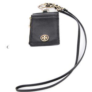 Tory Burch Black Leather Card Case with Gold Logo Wristlet